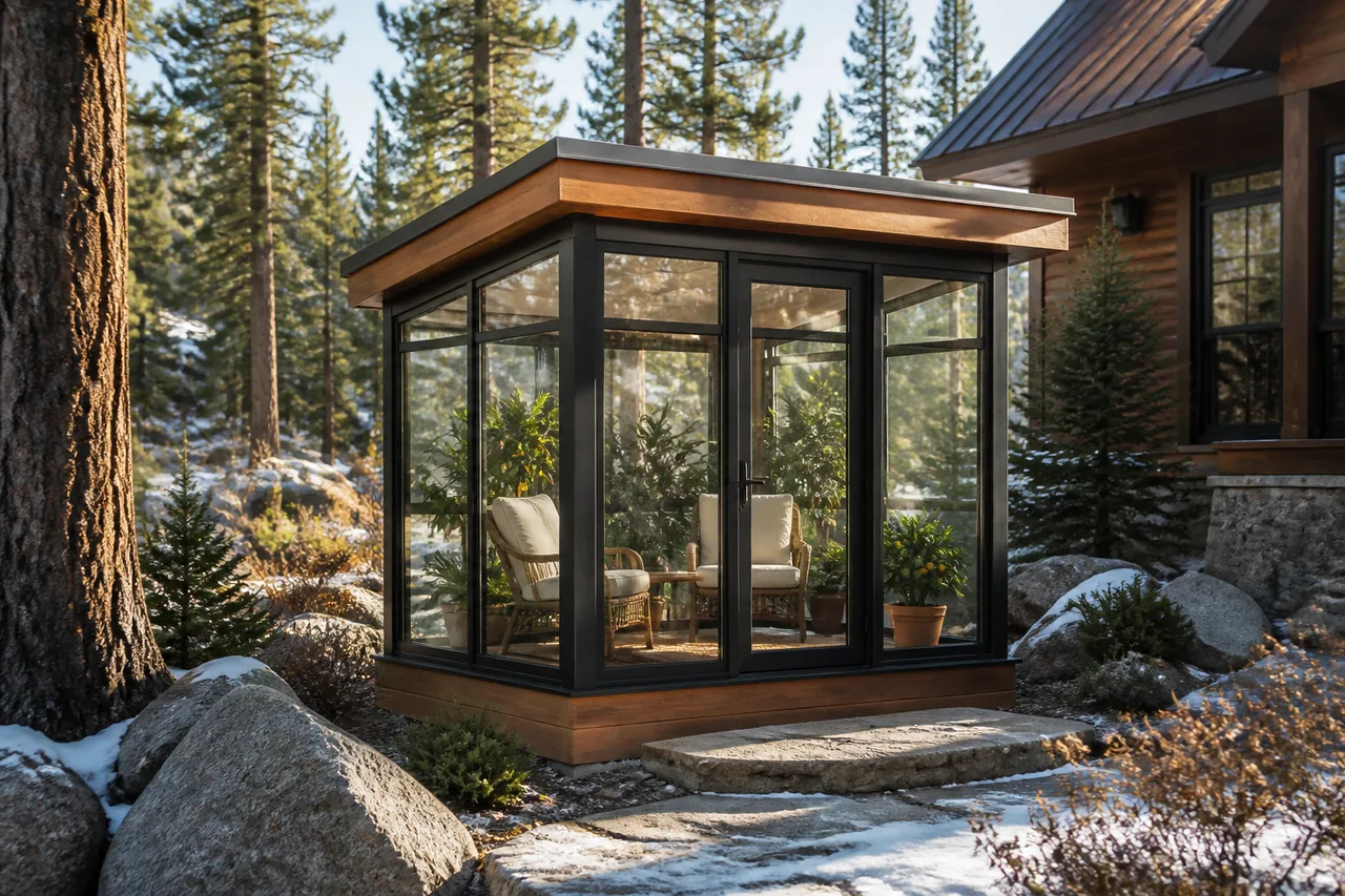 Design visualization of a compact glass garden solarium beside a mountain cabin