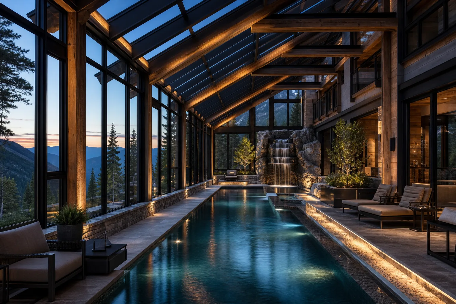 Design visualization of a large glass atrium with an indoor pool and stone waterfall